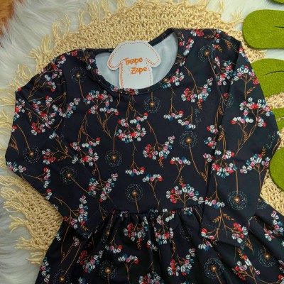  Vestido Manga Longa Malha Térmica com Flores Coloridas - Marinho
